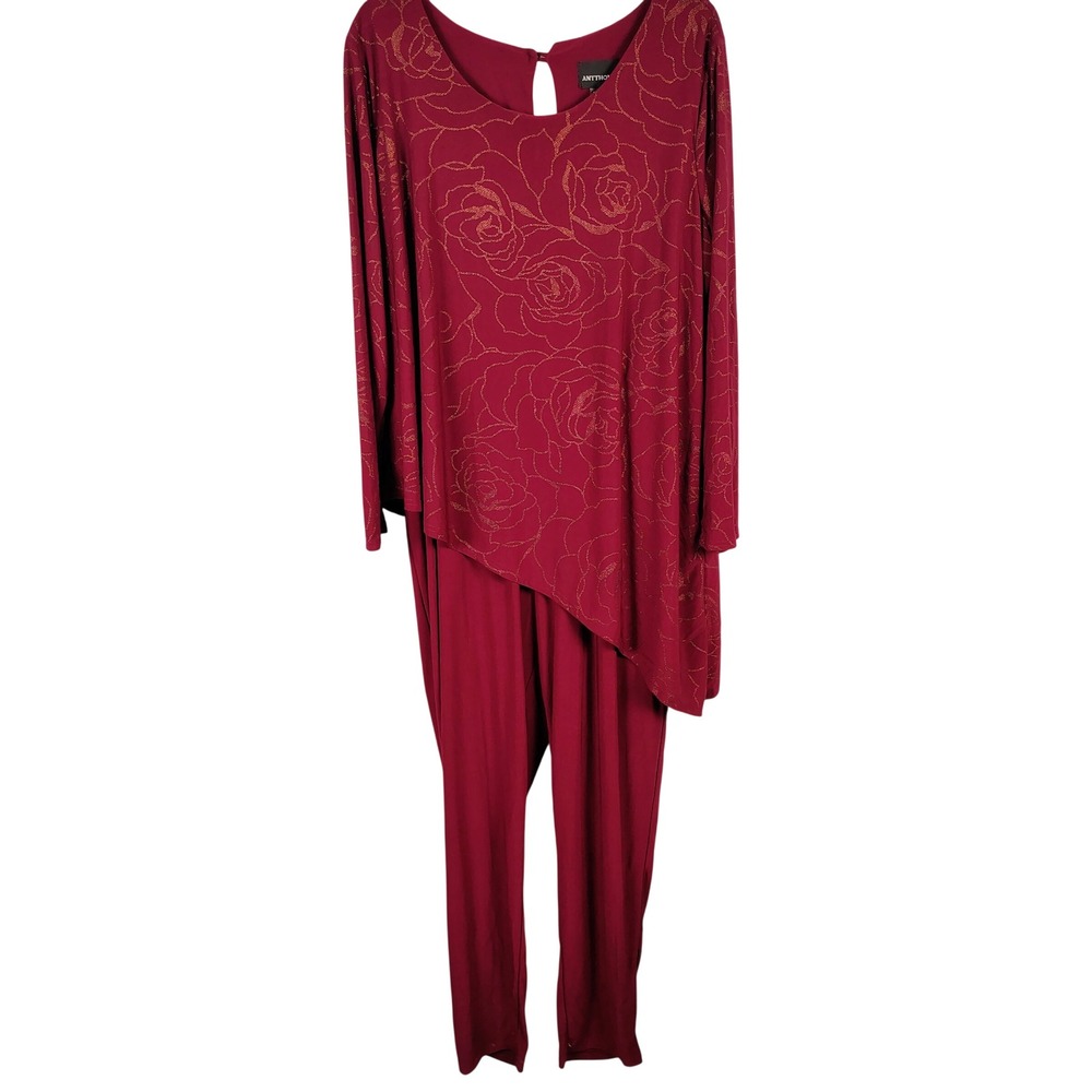 NWT Antthony Womens 1X Rose Print Jumpsuit Burgundy Gold Glam Formal Holiday